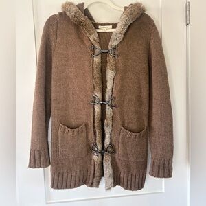 Olive des Olive Brown Hooded Cardigan Genuine Rabbit Fur Horse‑Bit Toggles (M)